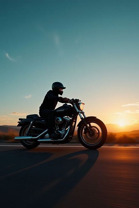 Motorcycle rider silhouetted against a sunset on an open road
